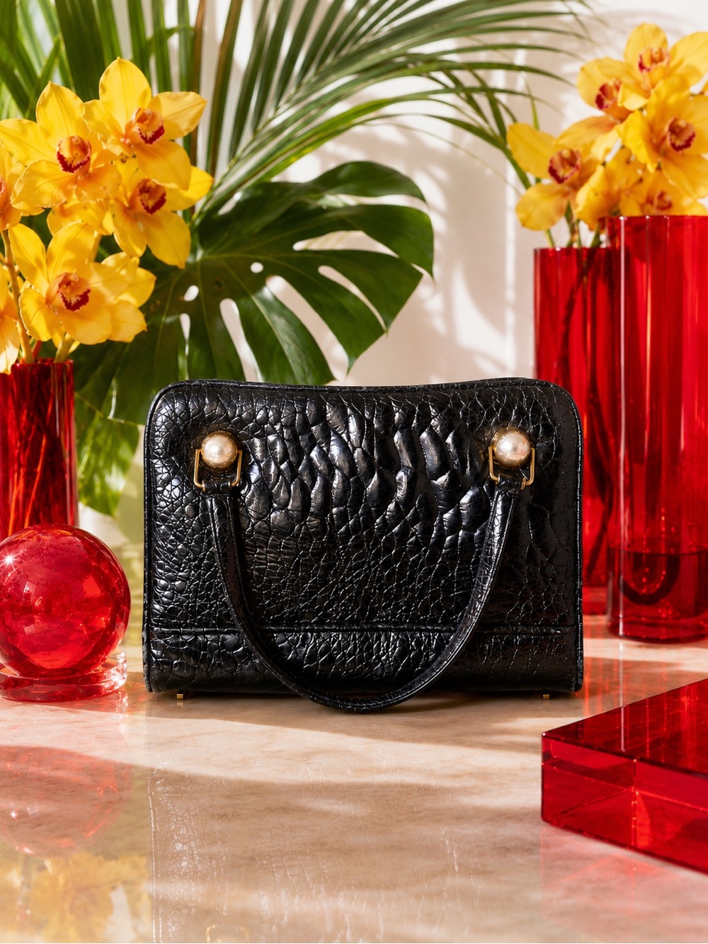 Vintage Genuine Black Alligator Leather Top Handle Handbag | Structured Frame